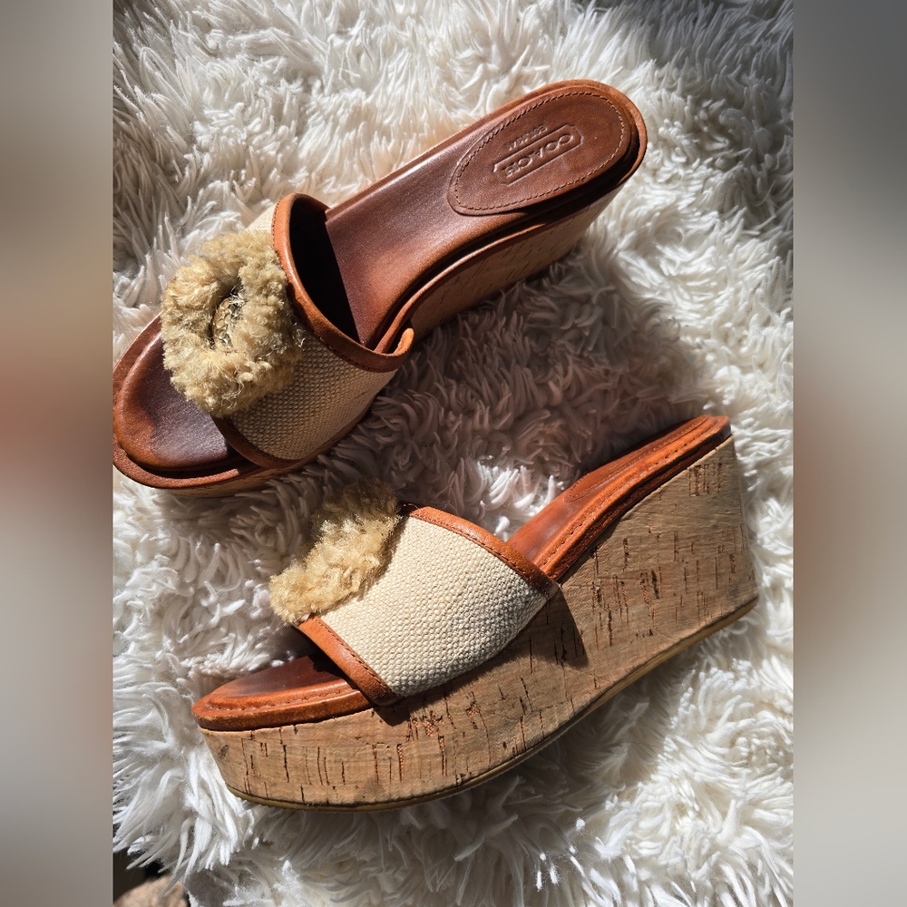Coach "Genuine Leather," "Canvas Upper," and "Cork Heel."
